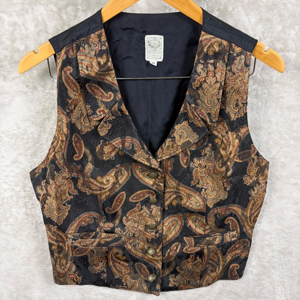 Vintage Wah Maker Arizona True West Paisley Textured Vest Black Gold Red Women M